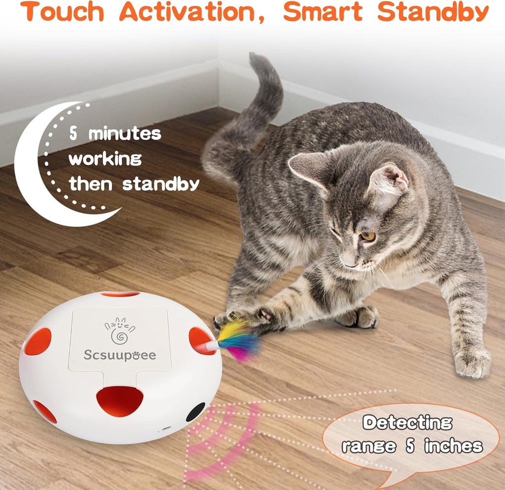 IInteractive Cat Toy, Electric Cat Toys for Moving Concealed Feathers, Smart Sensor 7 Holes Whack a Mole Feather Toy, USB Charge Automatic Kitten Toys,White