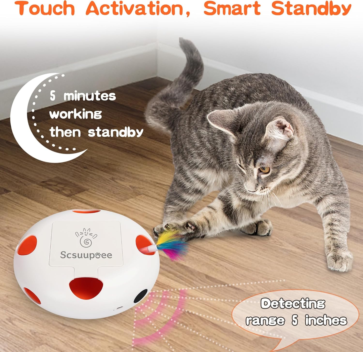 IInteractive Cat Toy, Electric Cat Toys for Moving Concealed Feathers, Smart Sensor 7 Holes Whack a Mole Feather Toy, USB Charge Automatic Kitten Toys,White