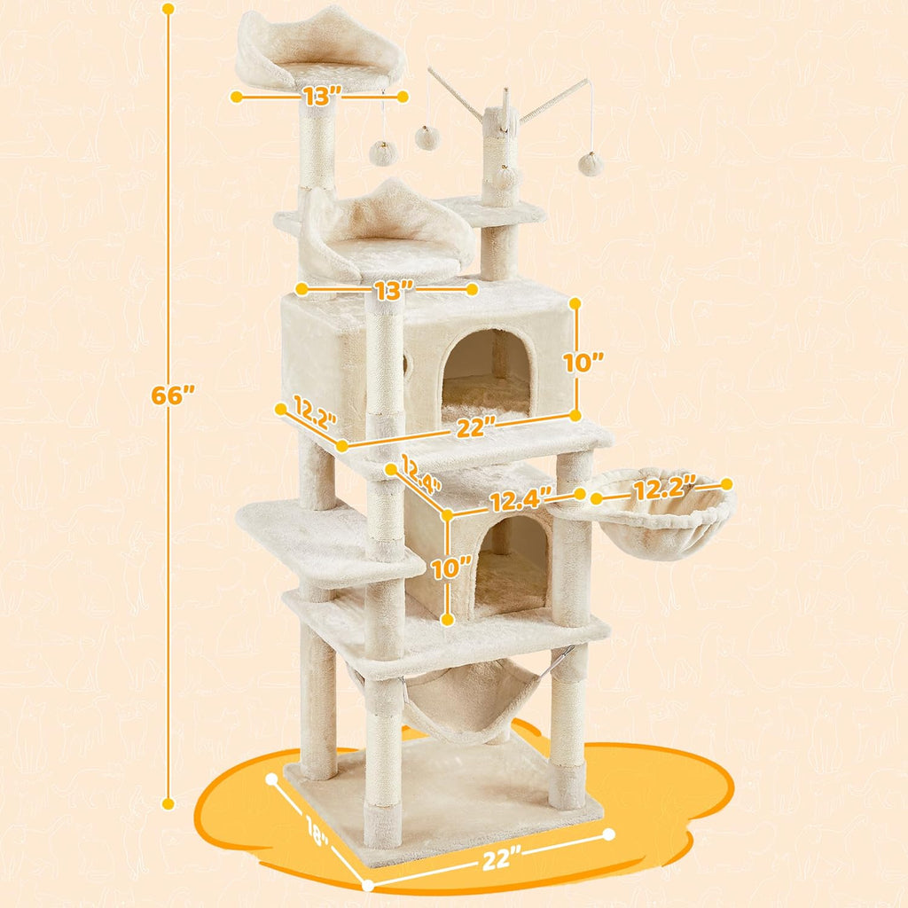 Cat Tree, 67in Large Tower w/ 3 Removable Teaser Sticks, 2 Kitten-Ear Shaped Perches, 2 Condos, Hammock, Scratching Post, Multi Level Pet House, Beige