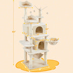 Cat Tree, 67in Large Tower w/ 3 Removable Teaser Sticks, 2 Kitten-Ear Shaped Perches, 2 Condos, Hammock, Scratching Post, Multi Level Pet House, Beige