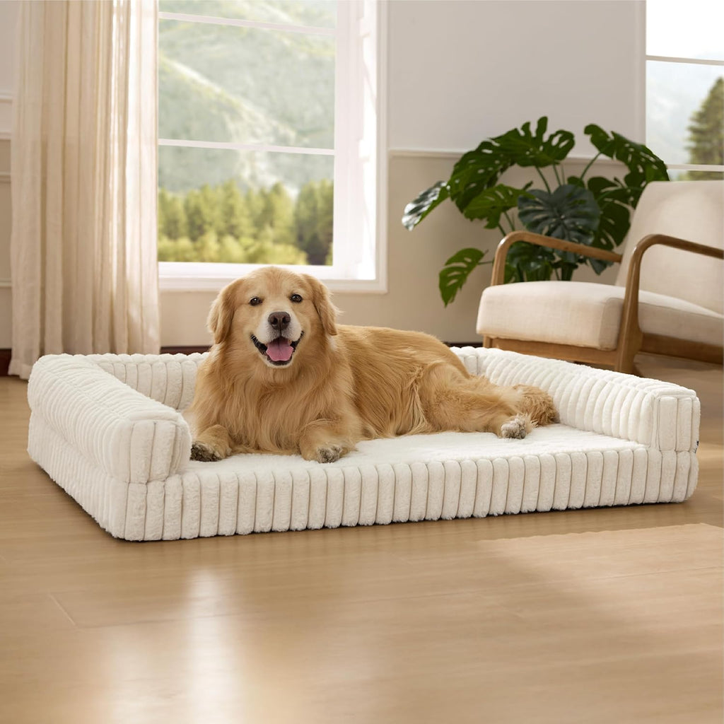 Orthopedic Dog Beds for Extra Large Dogs, Waterproof Memory Foam XL Pet Bed with Sides, Non-Slip and Egg-Crate Foam Big Dog Couch Sofa with Washable Removable Corduroy Cover, Cream