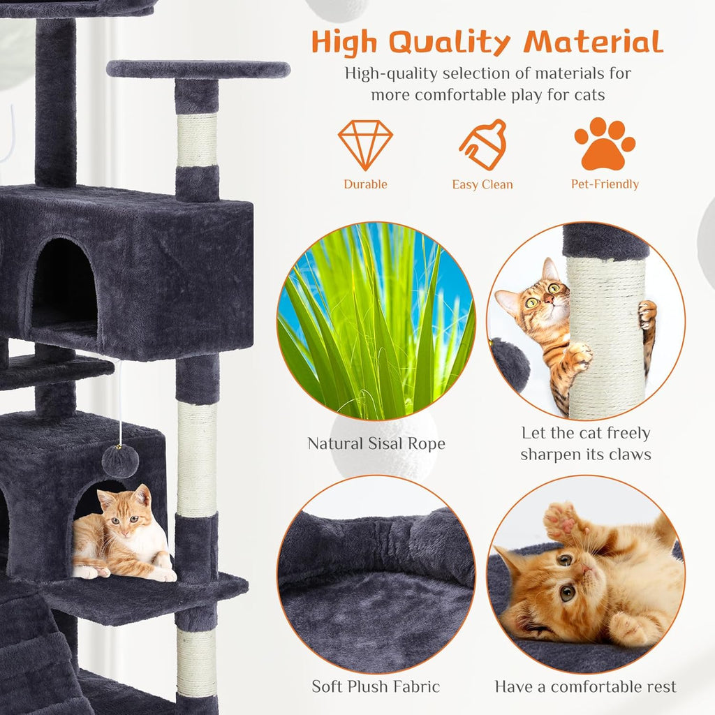 54 Inch Cat Tree Tower, Multi-Level with Cat Scratching Post, Indoor Cat Condo with Climbing Ladder, Plush Toy, Play House for Cat, Dove Grey