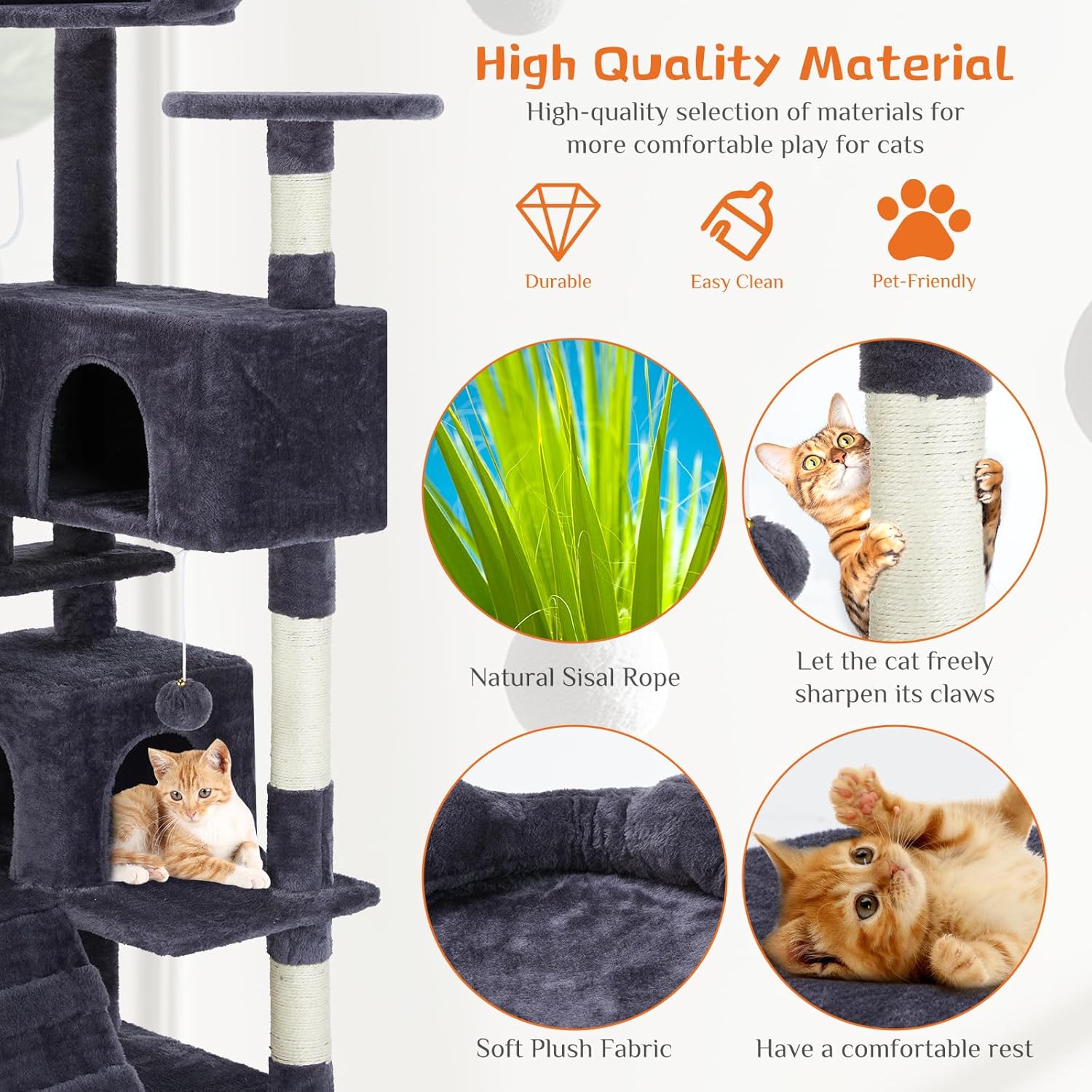 54 Inch Cat Tree Tower, Multi-Level with Cat Scratching Post, Indoor Cat Condo with Climbing Ladder, Plush Toy, Play House for Cat, Dove Grey