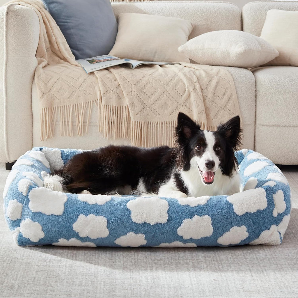 Small Dog Bed for Small Dogs, Rectangle Washable Orthopedic Dog Bed with Removable Zipper Cover, Cute Soft Calming Puppy Pet Bed with Jacquard Shaggy Plush & Non Skid Bottom