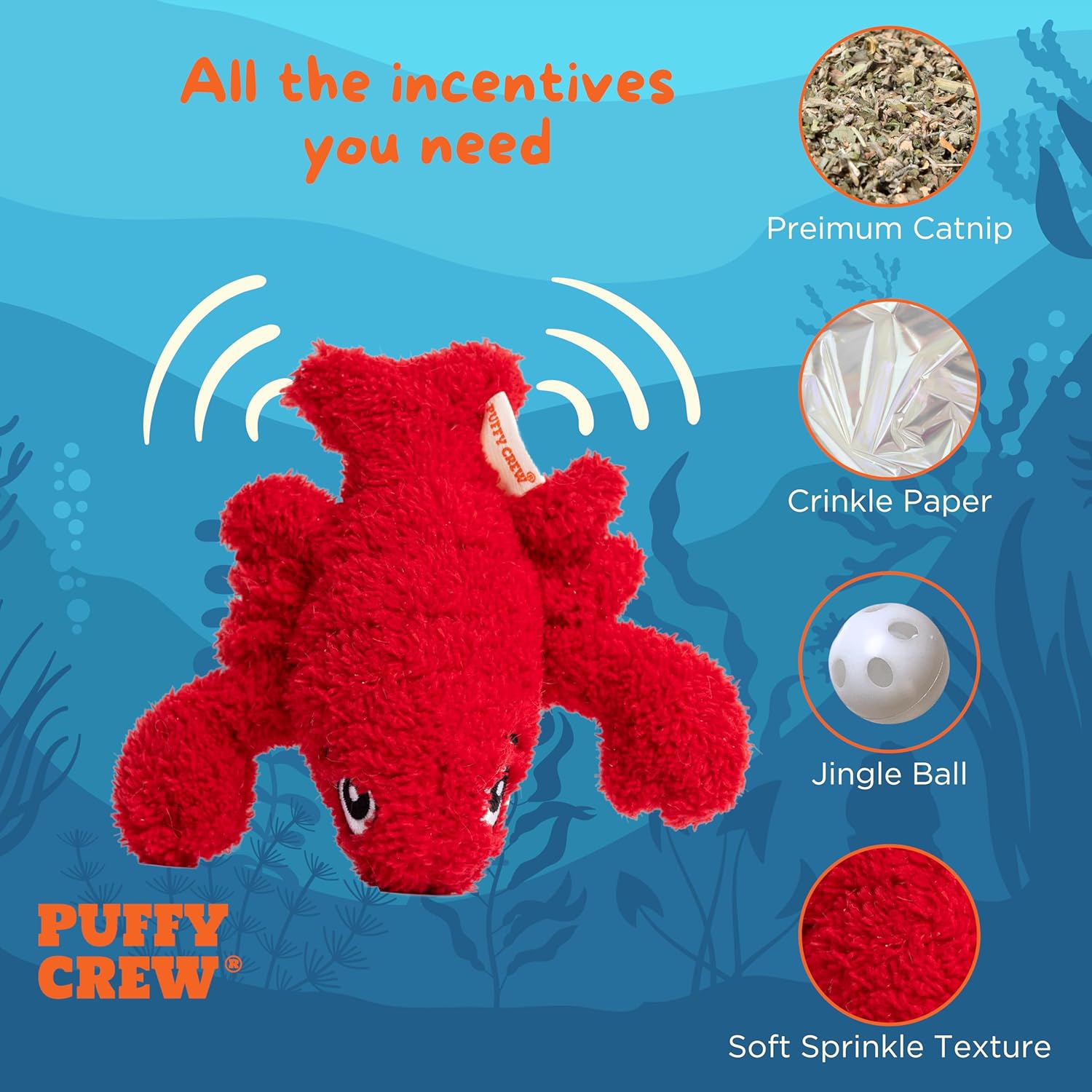 Interactive Catnip Cat Plush Toy, Ocean Theme, 5'', for All Breed Size Cats (Lobster)