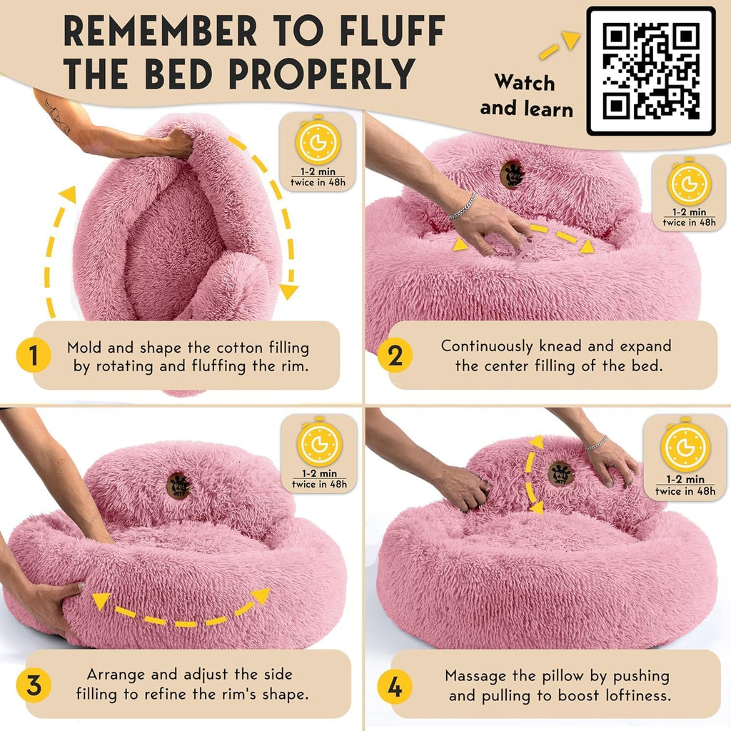 PetJett Calming Large Dog Bed -' Donut Dog Beds, Anti-Slip & Washable Large Round Bed, Fluffy Faux Fur Pet Bed, Super Soft Anti-Anxiety Premium Comfort Bed, Fits Dog - Pink