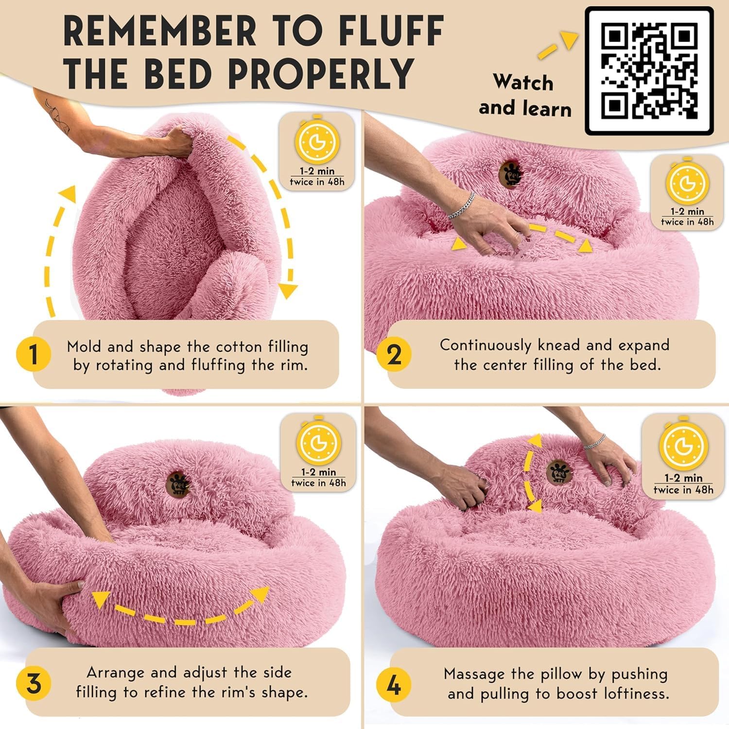 PetJett Calming Large Dog Bed -' Donut Dog Beds, Anti-Slip & Washable Large Round Bed, Fluffy Faux Fur Pet Bed, Super Soft Anti-Anxiety Premium Comfort Bed, Fits Dog - Pink