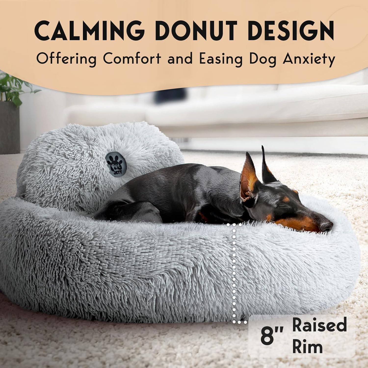 PetJett Calming Dog Beds Large Sized Dog - Round Bed, Anti-Slip & Washable Super Soft Donut Bed, Fluffy Faux Fur Anti-Anxiety Premium Comfort Pet Bed, Fits Dogs - Bright Grey