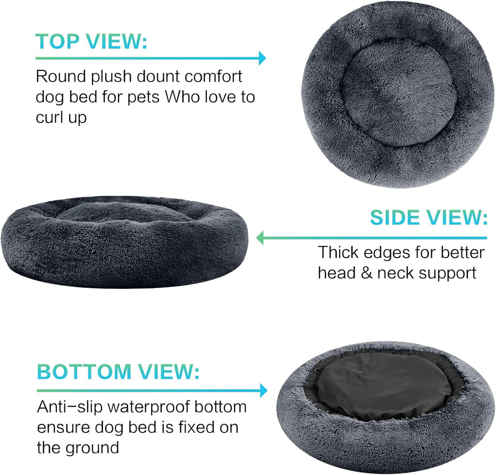 Plush Calming Donut Dog Beds for Small Dogs, Medium, Large & X-Large Breeds, Comfy Cuddler Dog Bed and Cat Bed in Faux Fur, Washable, Multiple Sizes S-XXL