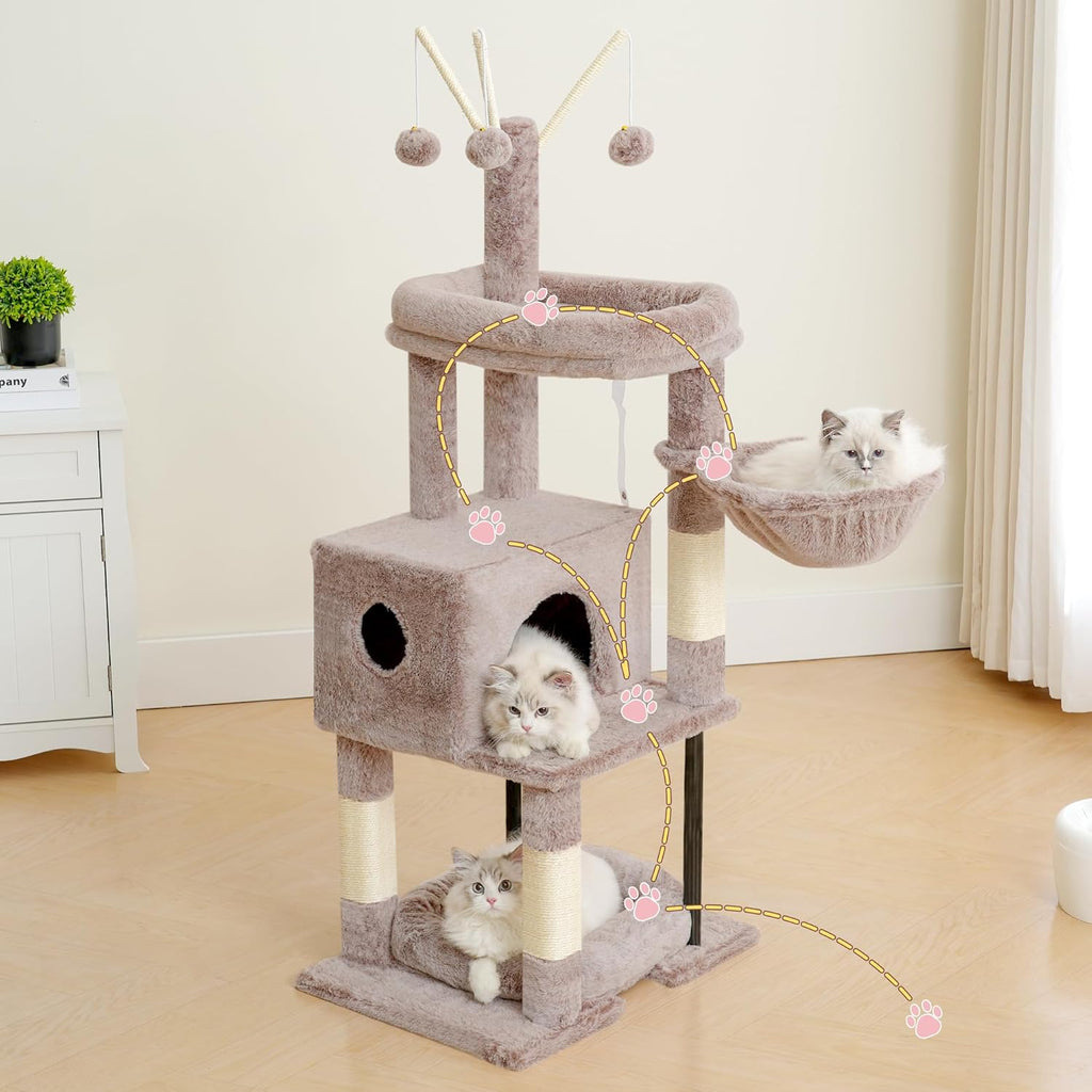 Cat Tree, 45.3-Inch Cat Tower for Indoor Cats with Large Perch, All-in-One Cat Furniture with Cozy Bed, Hidden Space Cat Condo, Comfy Hammock, Scratching Posts & 3 Pompoms, Muchroom
