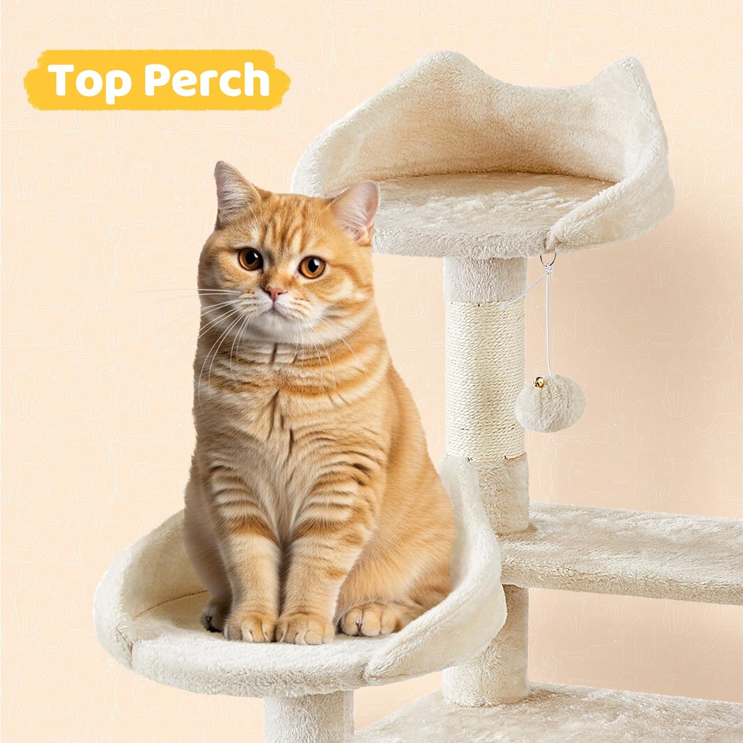 Cat Tree, 67in Large Tower w/ 3 Removable Teaser Sticks, 2 Kitten-Ear Shaped Perches, 2 Condos, Hammock, Scratching Post, Multi Level Pet House, Beige