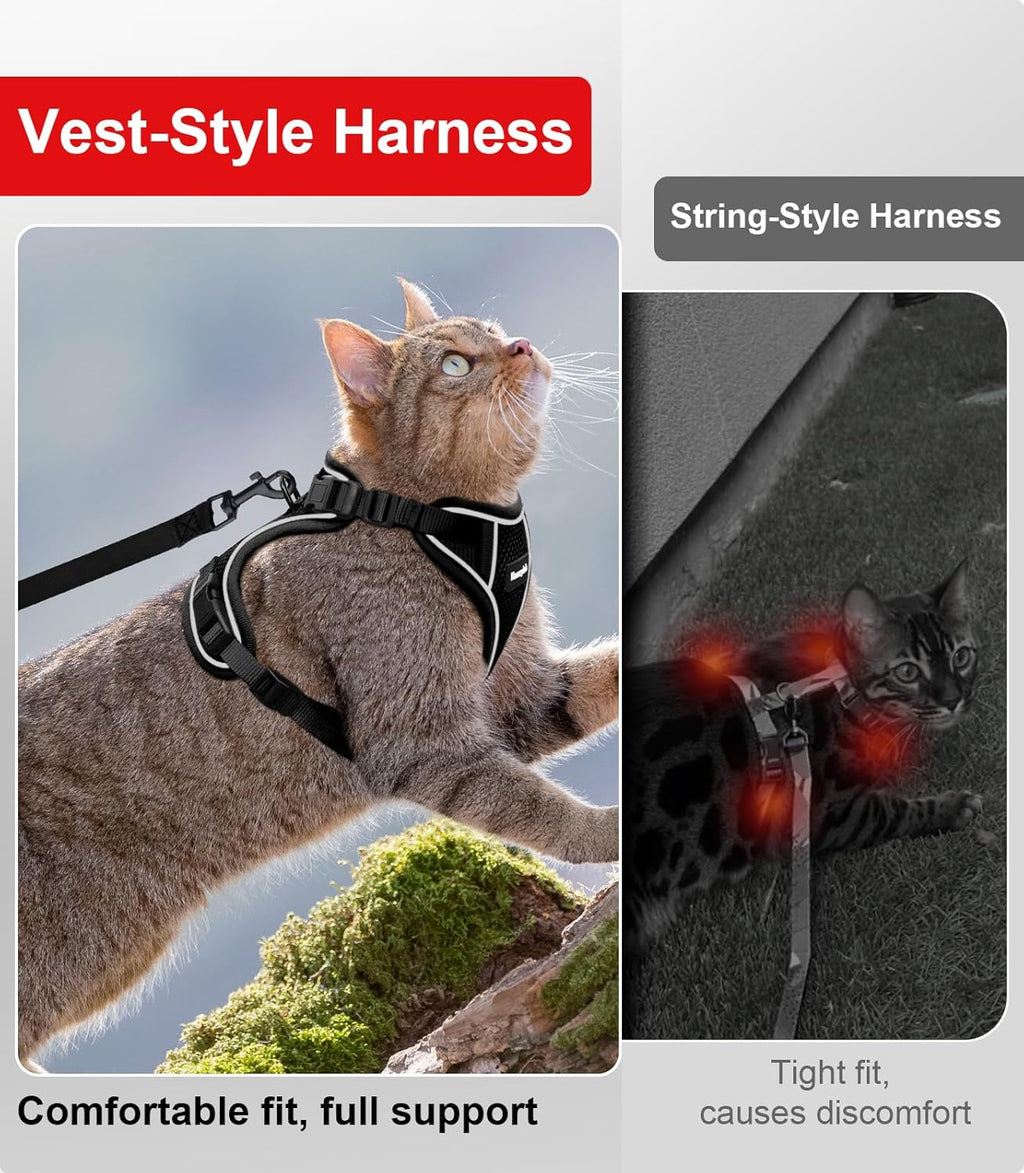 Cat Harness and Leash for Walking Escape Proof Soft Adjustable Cat Leash Breathable Comfortable Vest Easy to Wear Kitten Harness for Outdoor Travel Black