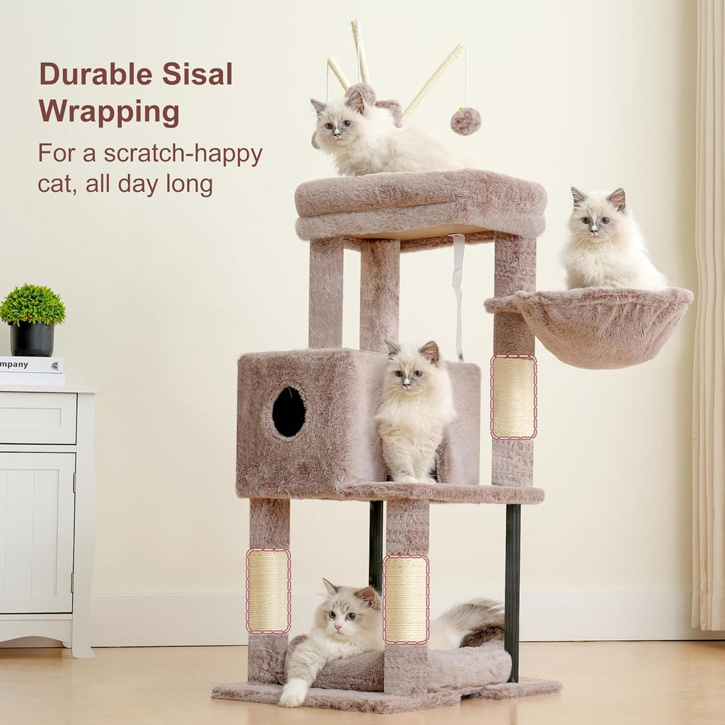 Cat Tree, 45.3-Inch Cat Tower for Indoor Cats with Large Perch, All-in-One Cat Furniture with Cozy Bed, Hidden Space Cat Condo, Comfy Hammock, Scratching Posts & 3 Pompoms, Muchroom