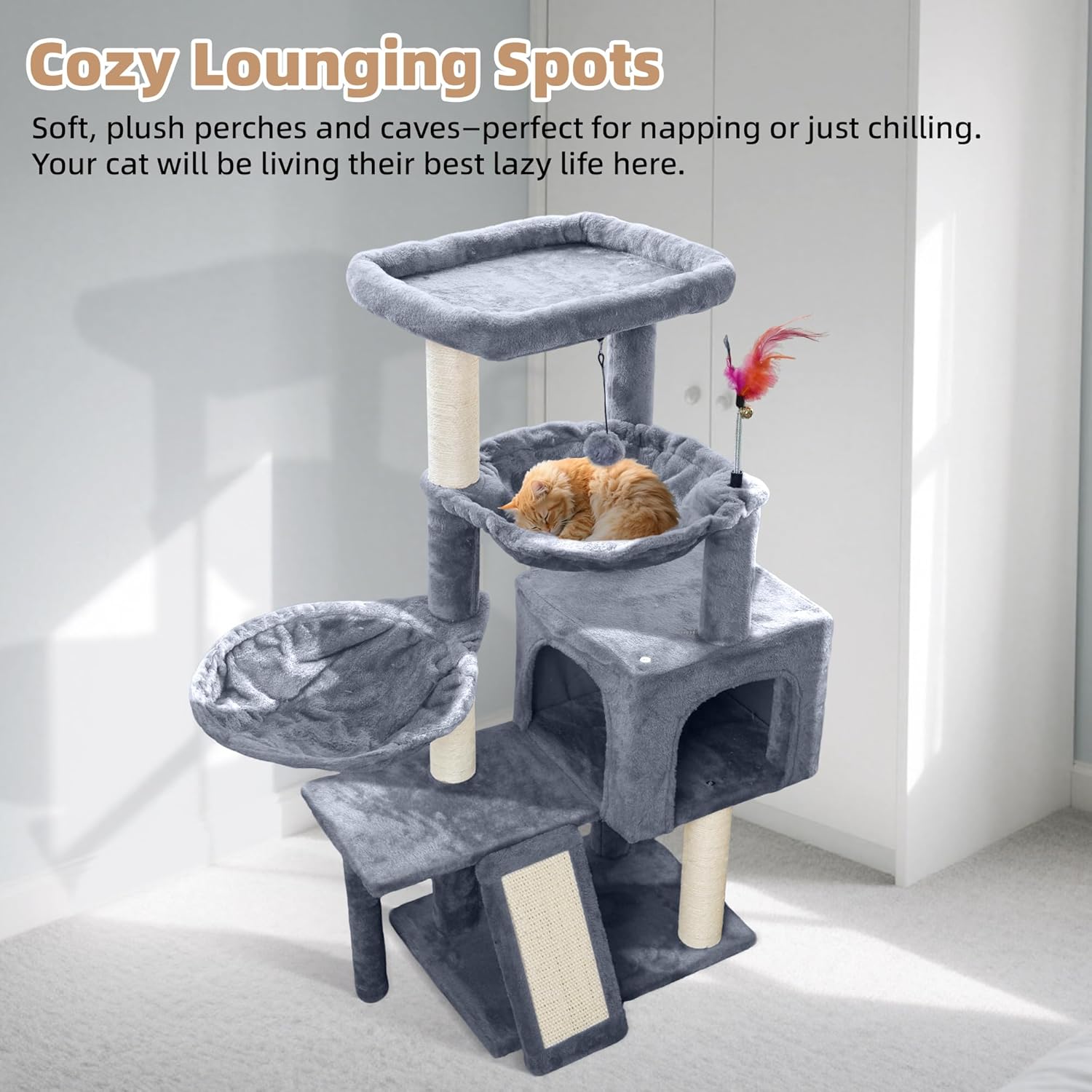 Cat Tree with Cat Condo and Two Hammocks, Cat Tree with Scratching Posts and Scratching Pads, Cat Tower for Indoor Cats, Activity Centre Climbing Tree with Playful Toy Balls, Grey
