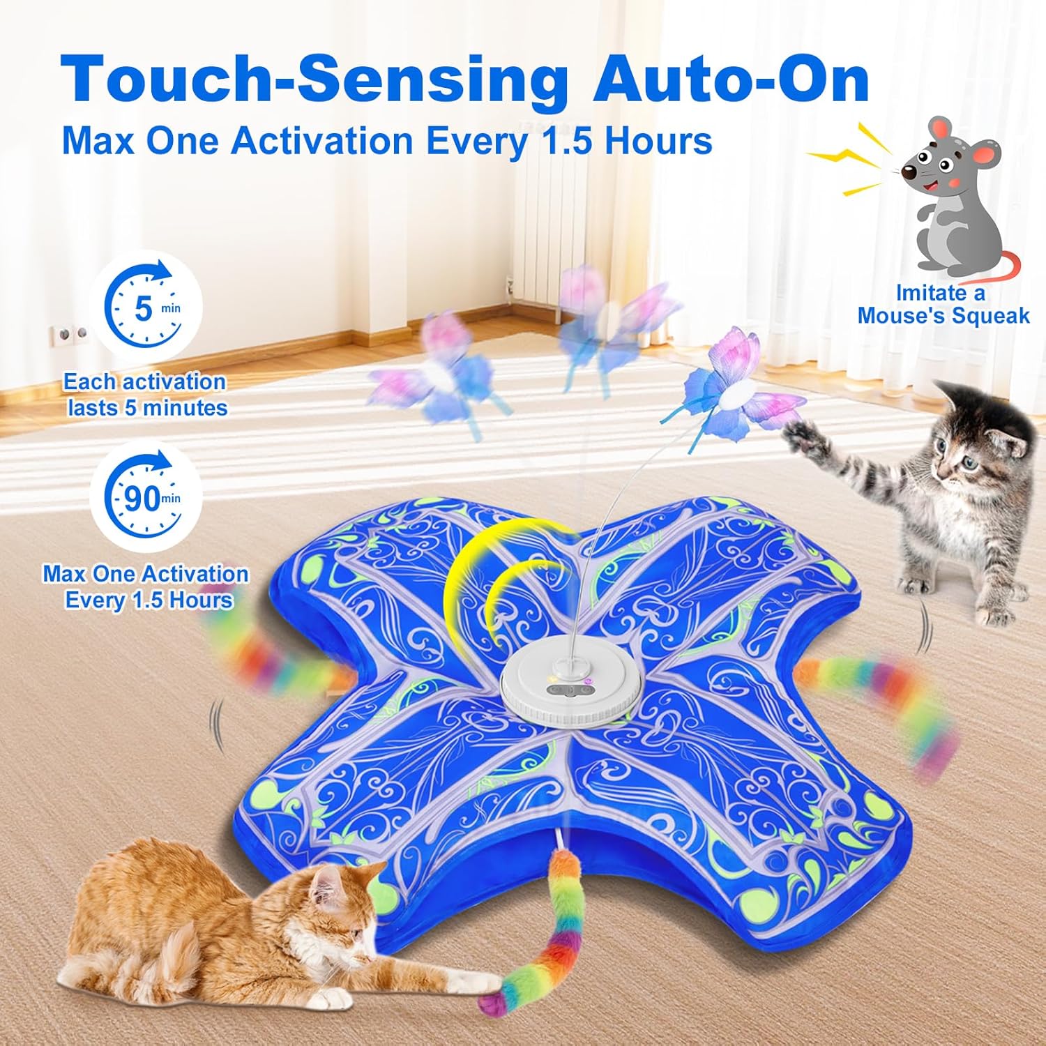 Interactive Cat Toys for Indoor Cats,[Newly Upgraded] Rechargeable Touch Activated Hide and Seek Kitten Toys for Bored Indoor Adult Cats with Fluttering (Blue)