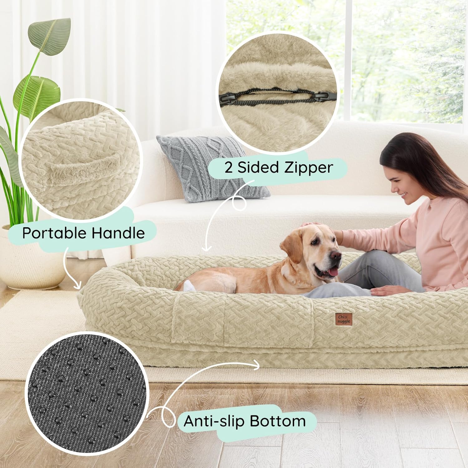 Human Dog Bed for Adult - Luxury Faux Fur Giant Size Dog Bed with Portable Handle, Egg Orthopedic Foam Bed with Blanket,, Linen