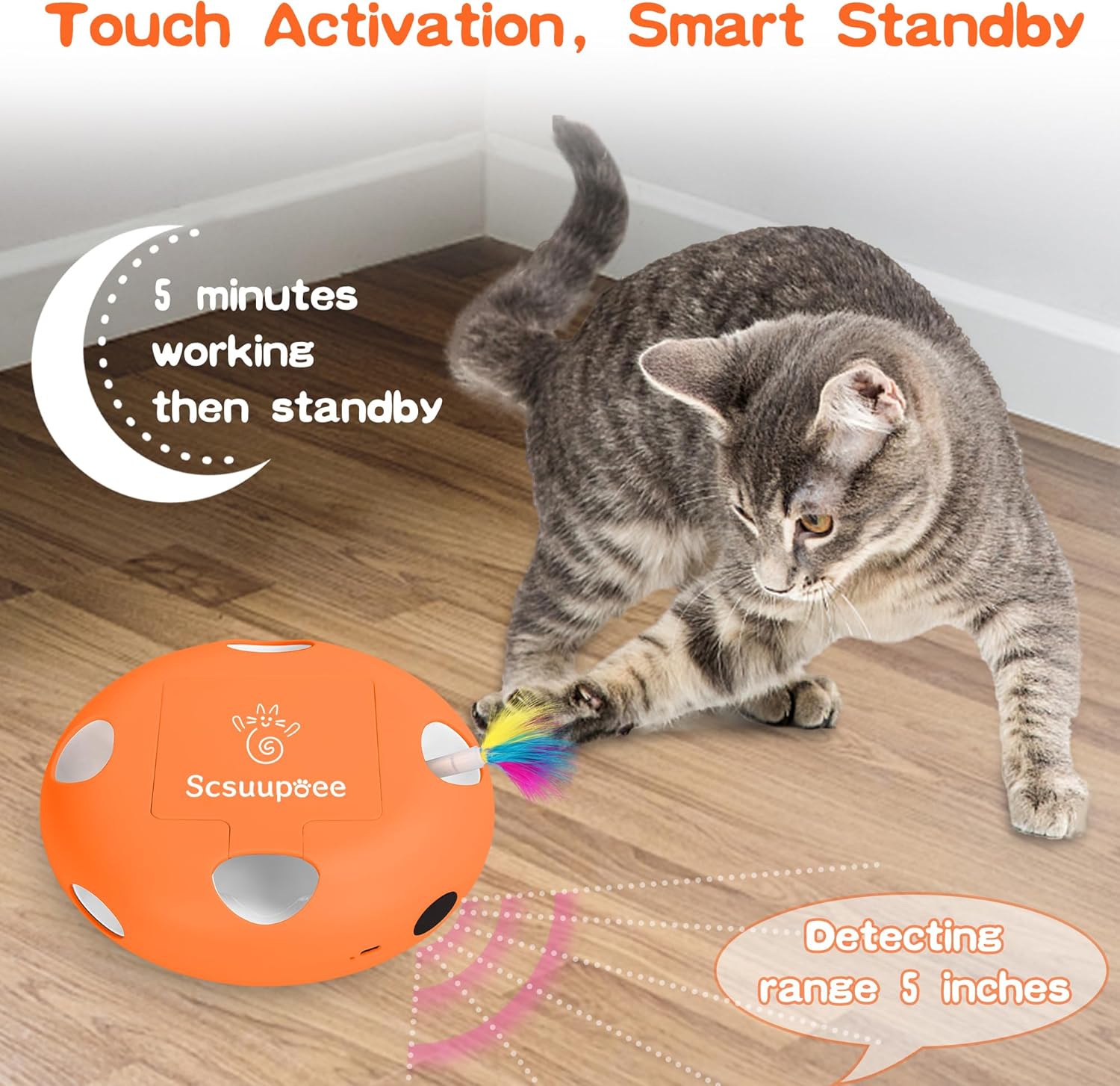 IInteractive Cat Toy, Electric Cat Toys for Moving Concealed Feathers, Smart Sensor 7 Holes Whack a Mole Feather Toy, USB Charge Automatic Kitten Toys,orange
