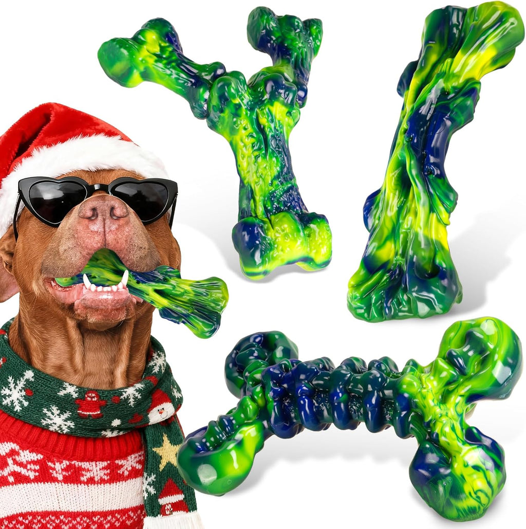 Indestructible Dog Chew Toys for Aggressive Chewers: 3-Pack Peanut Butter Nylon Chew Bones for Medium & Large Dogs 25–80 lbs, Tough Chewable Shapes, Long-Lasting Holiday Dog Gift (Green)