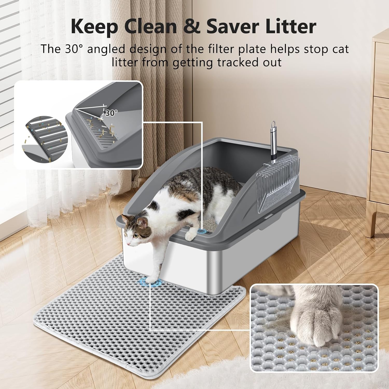 Steel Litter Box, Extra Large Litter Boxes for Big Cats, XL Metal Cat Litter Box with Lid, Anti-Urine Leakage, Non-Sticky, Include Cat Mat and Litter Scoop