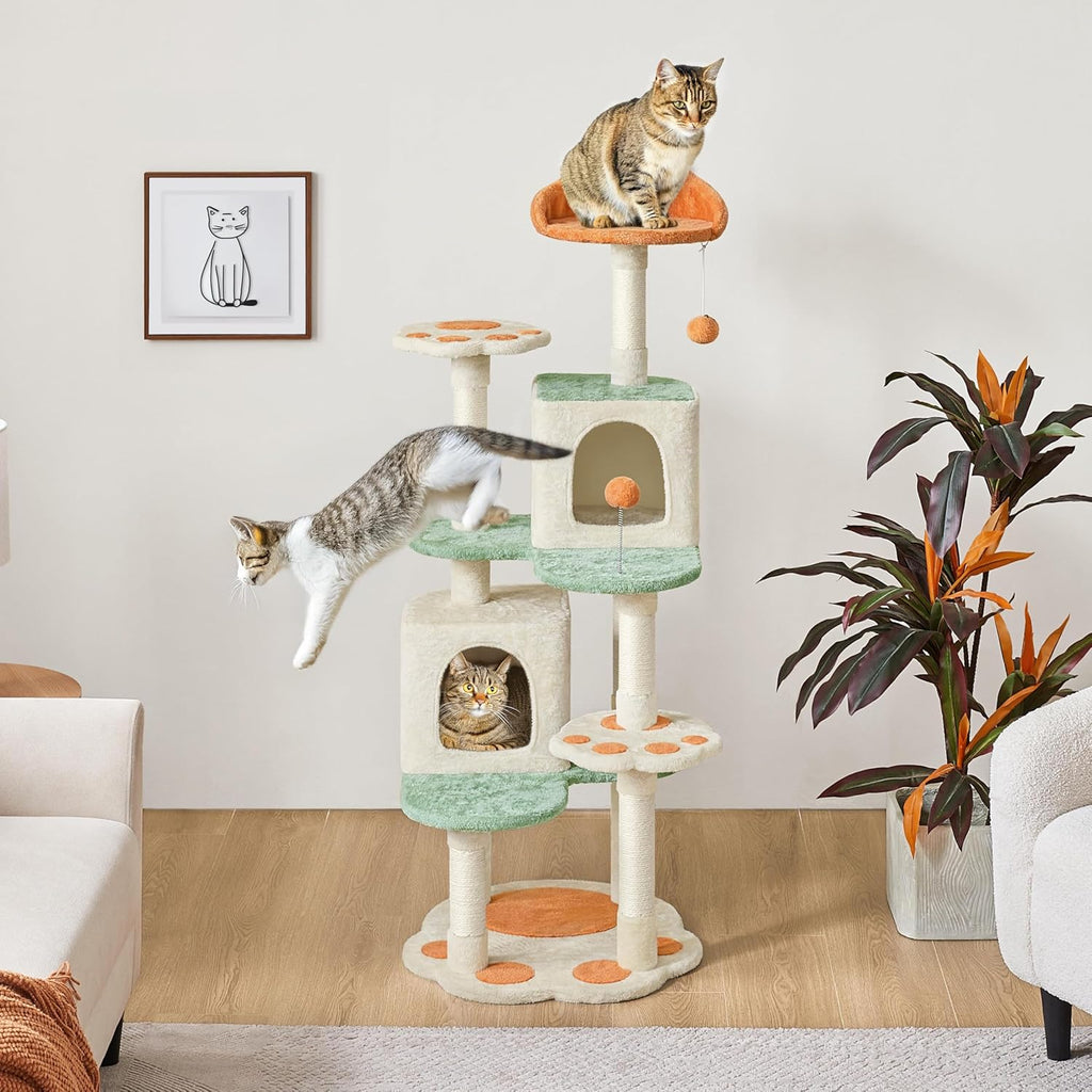 Cat Tree Tower, Multi-Functional Activity Center w/Cat Paw-Shaped Platform, Scratching Posts, 2 Condos and Dangling Balls for Indoor Cats to Relax