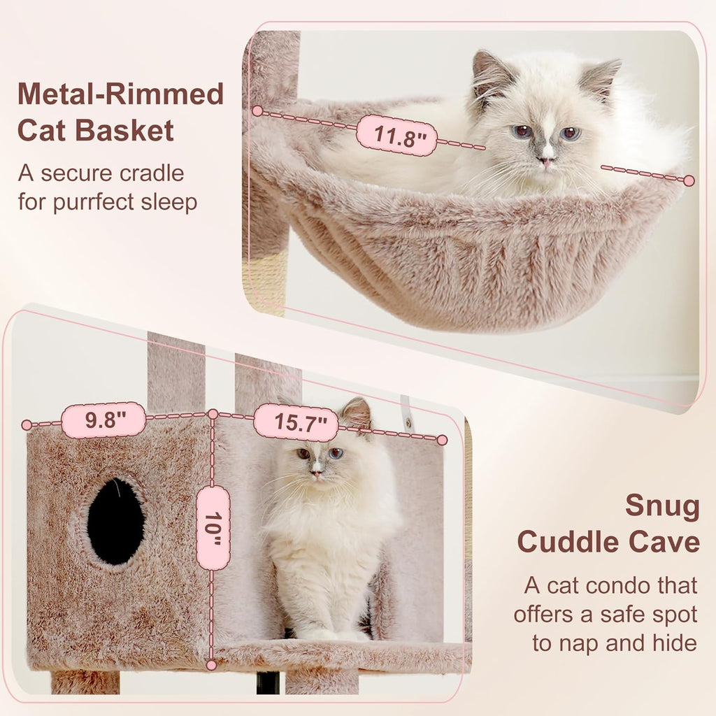 Cat Tree, 45.3-Inch Cat Tower for Indoor Cats with Large Perch, All-in-One Cat Furniture with Cozy Bed, Hidden Space Cat Condo, Comfy Hammock, Scratching Posts & 3 Pompoms, Muchroom