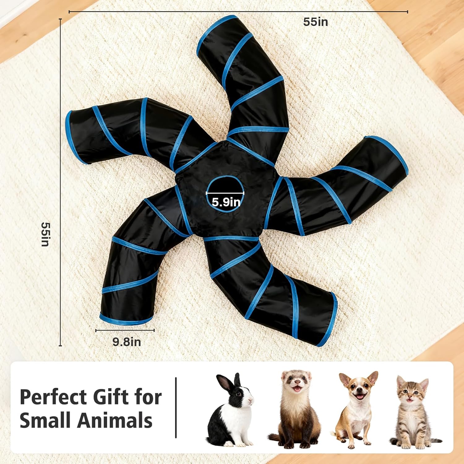 Cat Tunnels for Indoor Cats, Pet Tube Toy with Bell Ball and Toy Mouse, S-Shape Collapsible Tunnel with Interactive Hole for Kitty, Kitten, Rabbit, Puppy (Blue&Black)