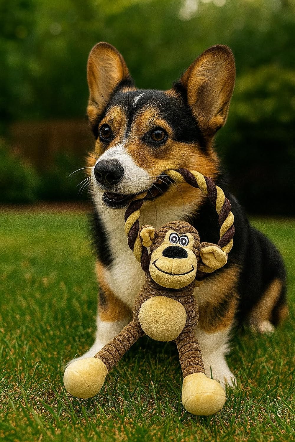 Durable Monkey Dog Toy, Plush Squeaky Stuffed Dog Toy with Rope, Interactive Chew Toy for Teething Puppies and Small, Medium & Large Dogs