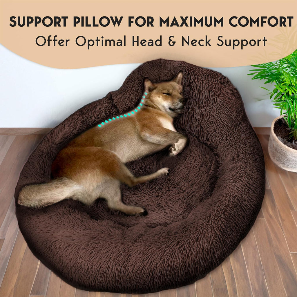 PetJett Calming Dog Bed Medium Size Dog -  Donut Bed, Anti-Slip & Washable Super Soft Fluffy Plush Round Bed, Anti-Anxiety Premium Comfort Pet Bed, Fits Dogs- Brown