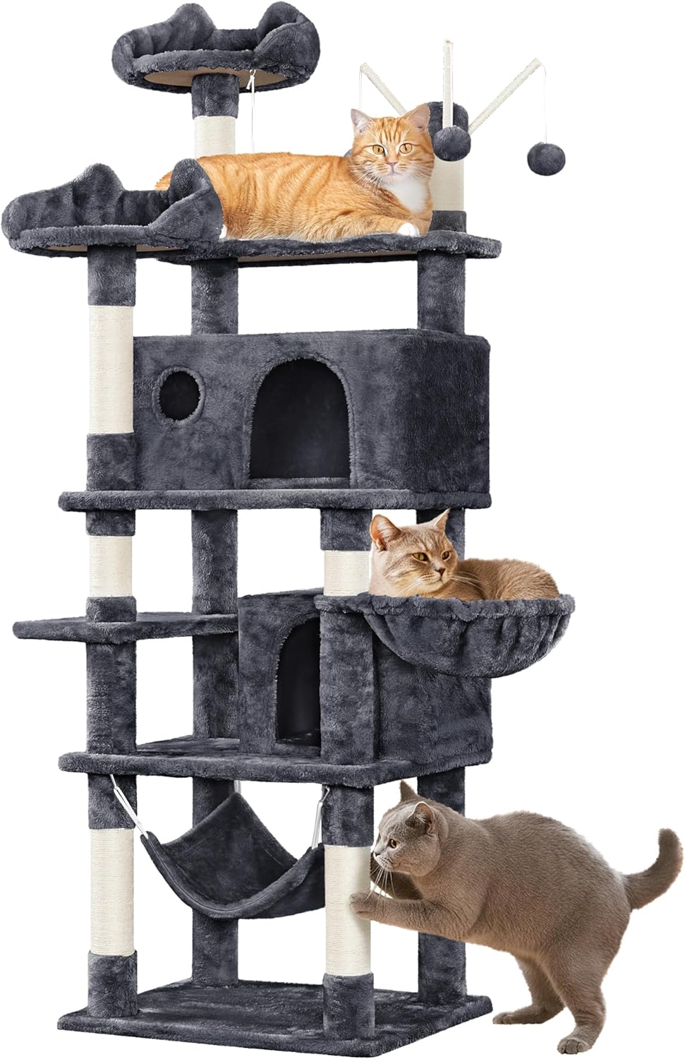Yaheetech Cat Tree, 67in Large Tower w/ 3 Removable Teaser Sticks, 2 Kitten-Ear Shaped Perches, 2 Condos, Hammock, Scratching Post, Multi Level Pet House, Dark Gray