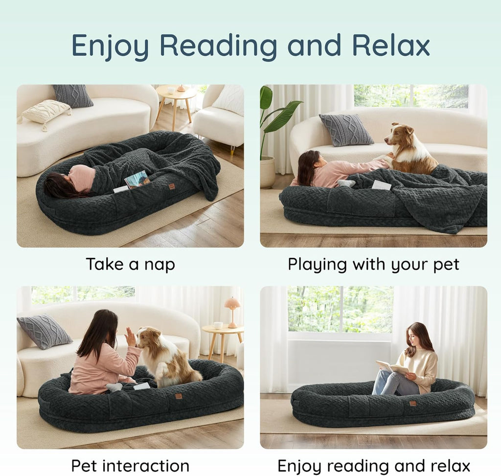 Human Dog Bed for Adult - Luxury Faux Fur Giant Size Dog Bed with Portable Handle, Egg Orthopedic Foam with Blanket,, Dark Grey