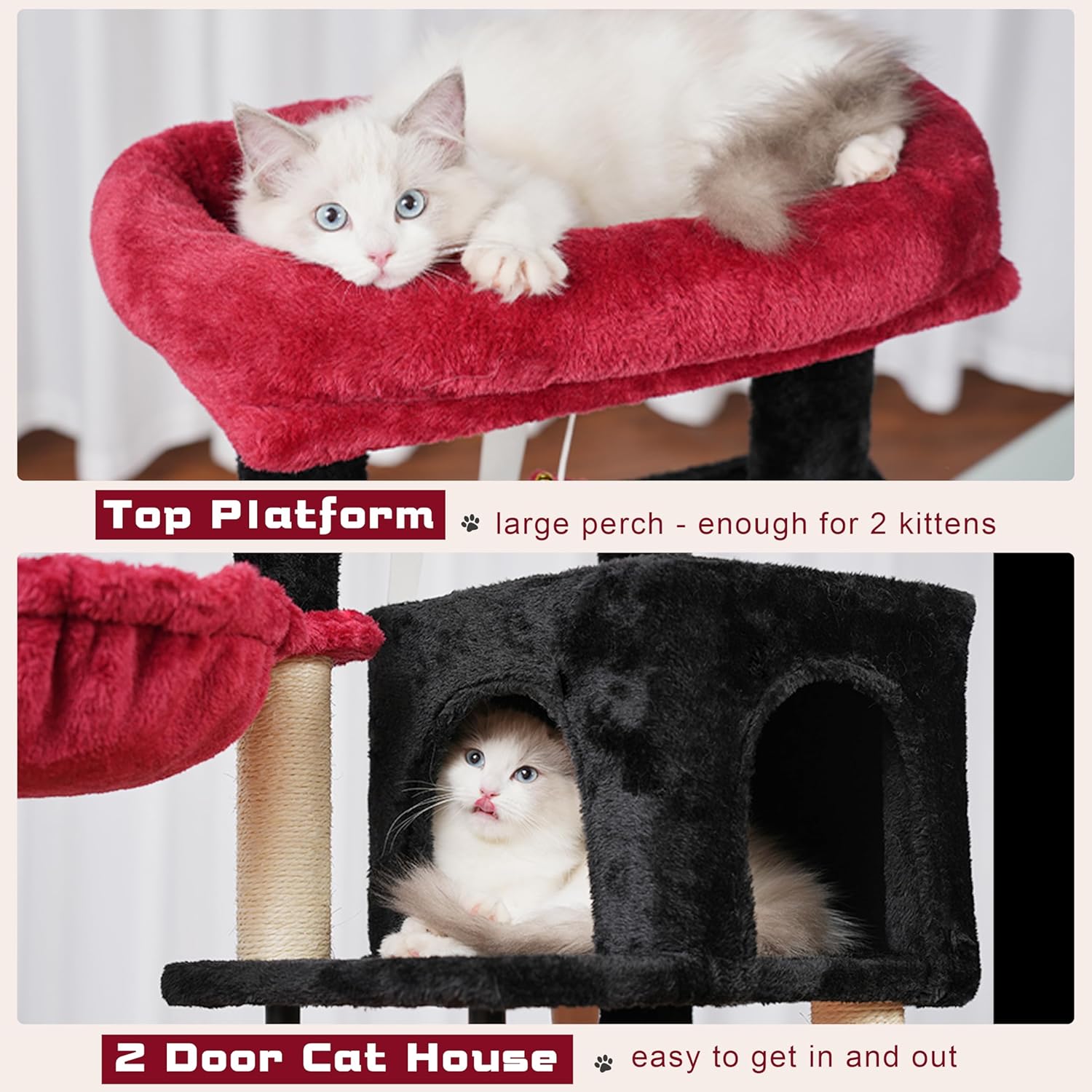 Cat Tree, Cat Tower for Indoor Cats, 43.3 inch Gothic Cat Tree Tower with Sturdy Steel Tube, Hammock, Cat Condo for Small Cats and Kittens, Scratching Post, Black and red
