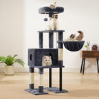 Cat Tree, 49.2 Inches Cat Tower for Indoor Cats, Spacious Cat House Condo with Hidden Space，Sturdy Steel Tube，Soft Plush Top Perch，Cozy Hammock and Sisal Scratching Posts, Smoky Gray