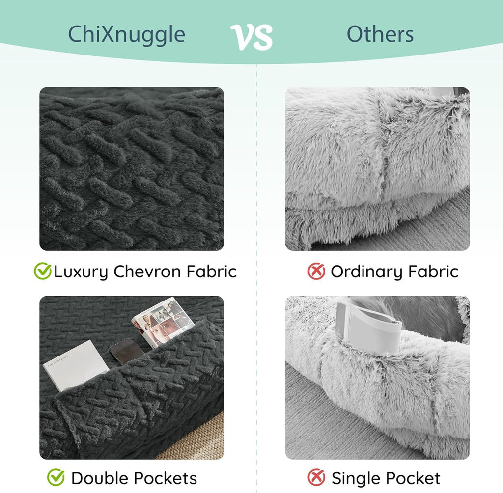 Human Dog Bed for Adult - Luxury Faux Fur Giant Size Dog Bed with Portable Handle, Egg Orthopedic Foam with Blanket,, Dark Grey