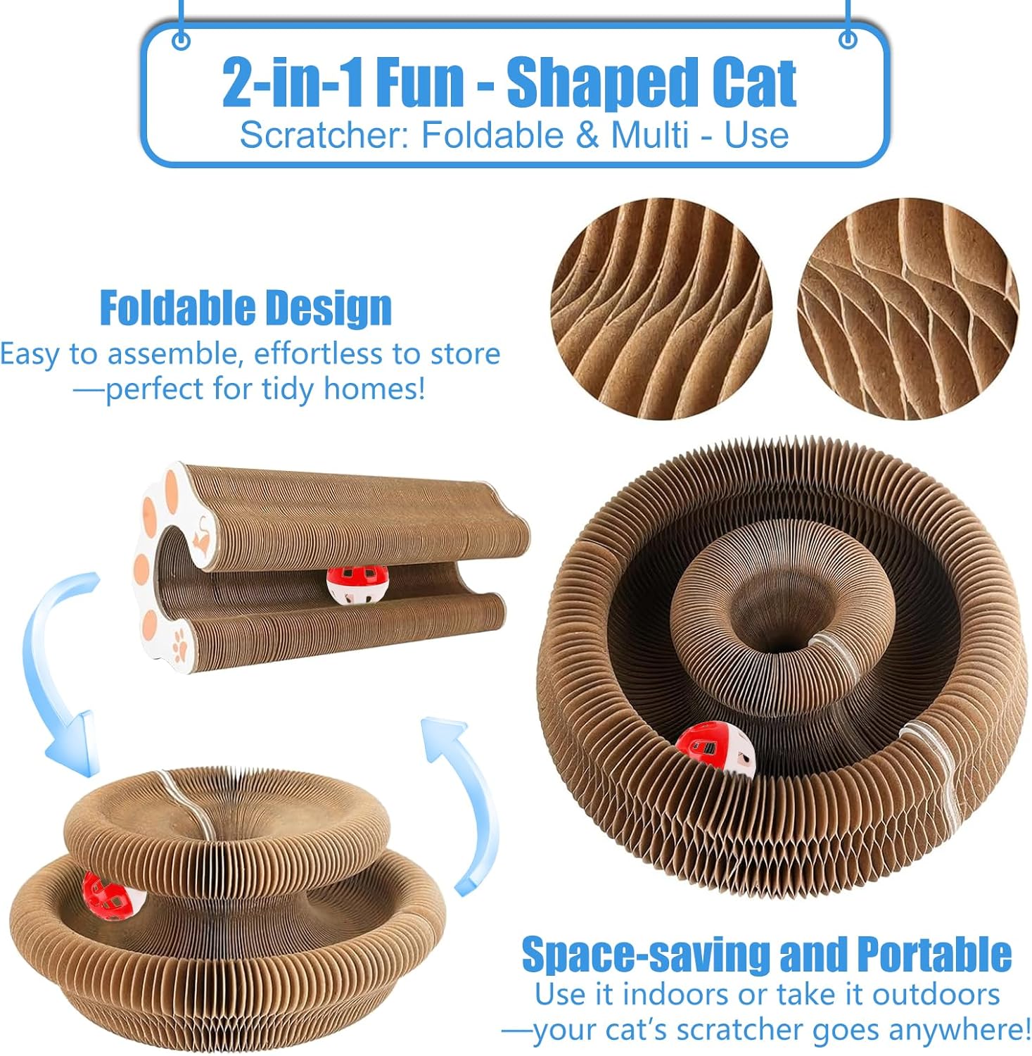 2-Pack Kitty Kurls Cat Scratcher – Foldable Magic Organ Cat Scratcher Board, Reversible Corrugated Cardboard Kitty Scratching Toy with 2 Bell Balls for Indoor Exercise