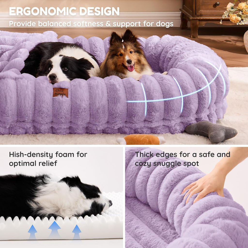 Human Dog Bed for Adult - Luxury Striped Faux Fur Giant Dog Bed with Portable Handle, Egg Orthopedic Foam Pad with Thick Blanket,, Purple