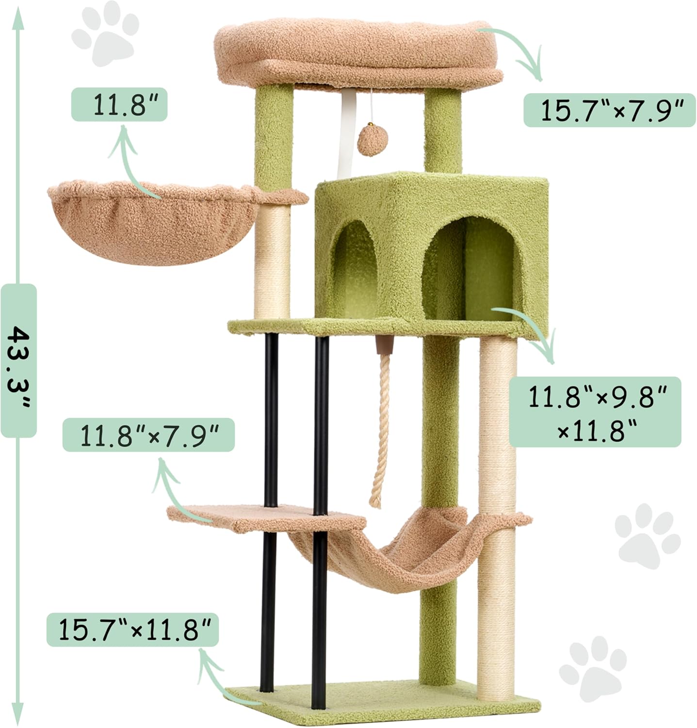 Cat Tree, Cat Tower for Indoor Cats, 43.3 inch Cactus Cat Tree Tower with Sturdy Steel Tube, Hammock, Cat Condo for Small Cats and Kittens, Scratching Post
