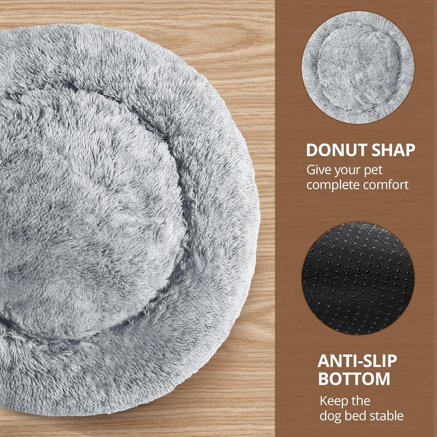 Calming Dog Bed Medium Size Dog, Anti-Anxiety Donut Medium Pet Bed, 31 inches Fluffy Faux Fur Round Cat Bed, Fits up to 45 lbs Pets (Smoke Grey)