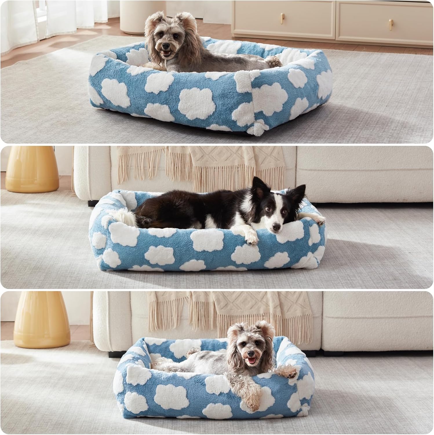 Small Dog Bed for Small Dogs, Rectangle Washable Orthopedic Dog Bed with Removable Zipper Cover, Cute Soft Calming Puppy Pet Bed with Jacquard Shaggy Plush & Non Skid Bottom