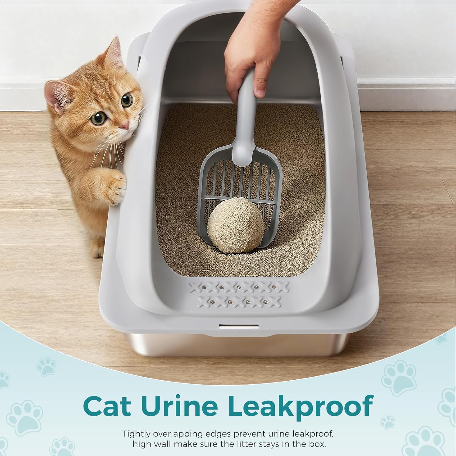 Stainless Steel Cat Litter Box with Lid, Large Cat Litter Box for Big Cats, High Wall Sides, Anti-Urine Leakage, Easy Cleaning, Scoop and Mat Included,light Grey