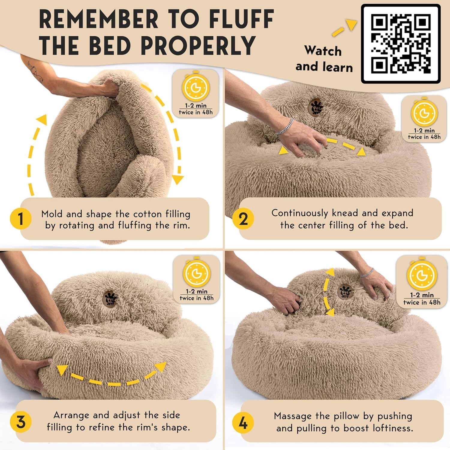 PetJett Calming Medium Dog Bed - Round Dog Beds, Anti-Slip & Washable Super Soft Fluffy Plush Donut Bed, Anti-Anxiety Premium Comfort Pet Bed, Fits Dogs - Beige