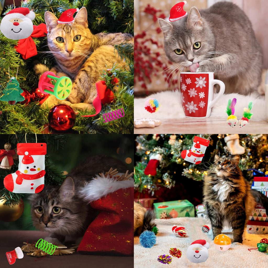 Christmas Cat Toys 19pcs, Christmas Stocking Assorted Toys Cat Gifts with Ball Toy, Cat Spring Toy, Mouse, Crinkle Balls, Interactive Cat Toy for Indoor Cats