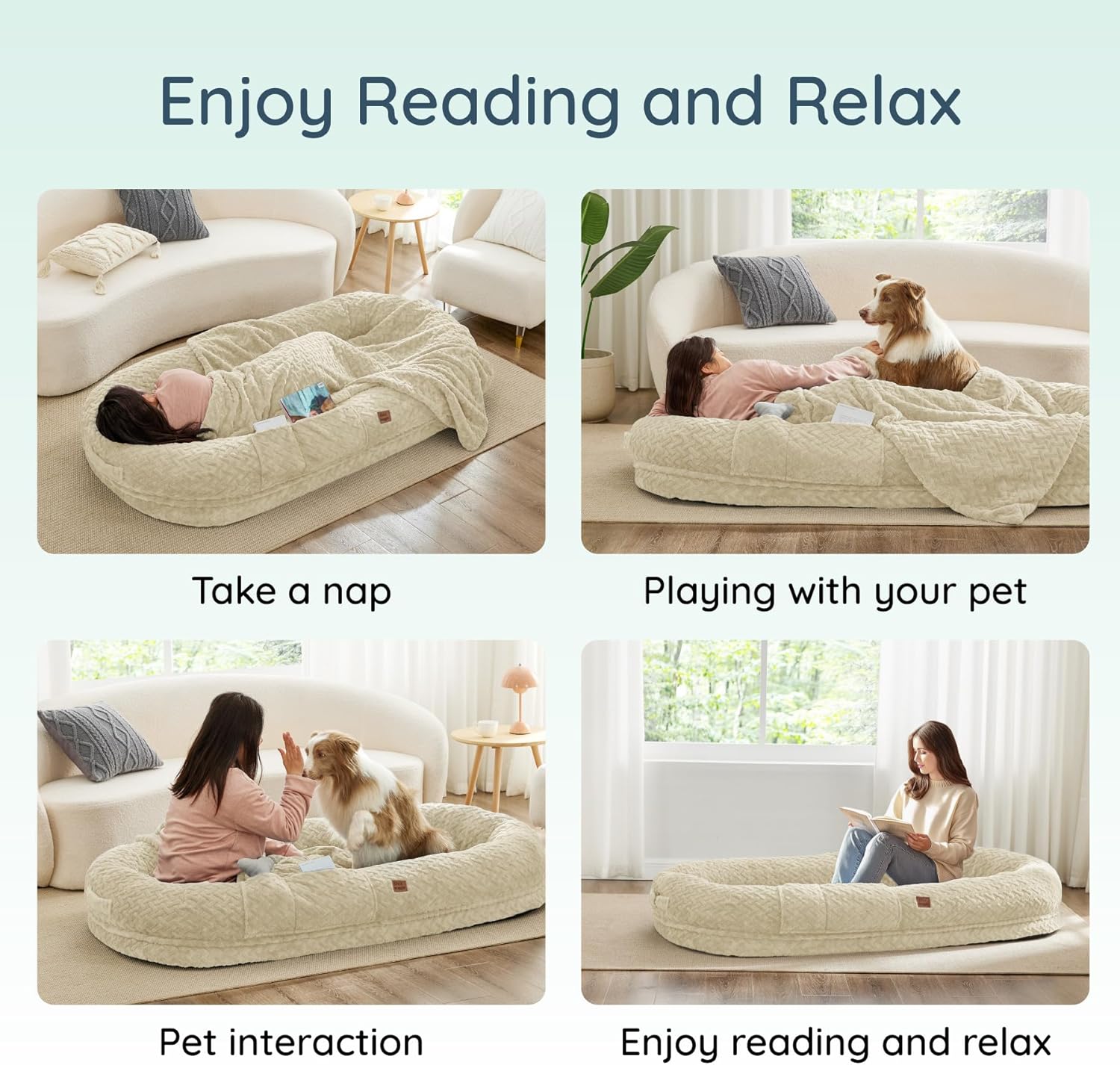 Human Dog Bed for Adult - Luxury Faux Fur Giant Size Dog Bed with Portable Handle, Egg Orthopedic Foam Bed with Blanket,, Linen