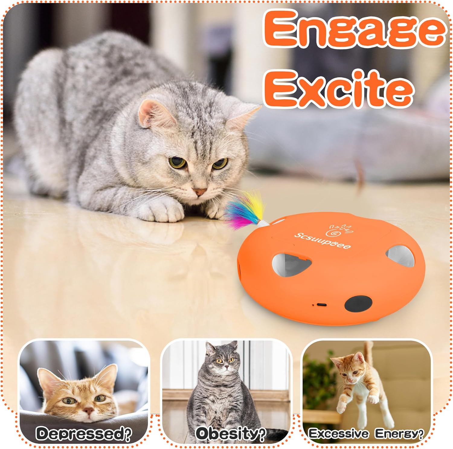 IInteractive Cat Toy, Electric Cat Toys for Moving Concealed Feathers, Smart Sensor 7 Holes Whack a Mole Feather Toy, USB Charge Automatic Kitten Toys,orange