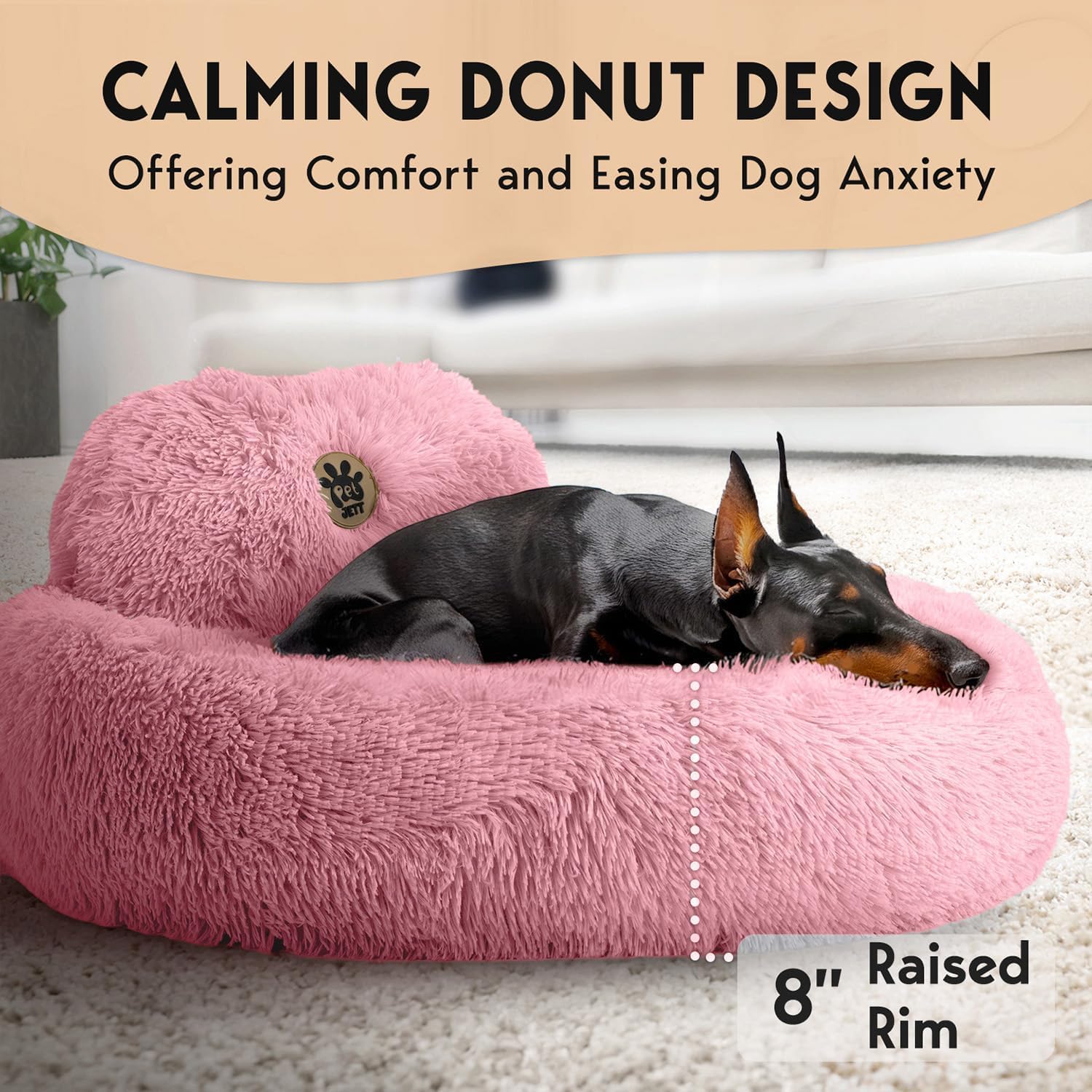 PetJett Calming Large Dog Bed -' Donut Dog Beds, Anti-Slip & Washable Large Round Bed, Fluffy Faux Fur Pet Bed, Super Soft Anti-Anxiety Premium Comfort Bed, Fits Dog - Pink