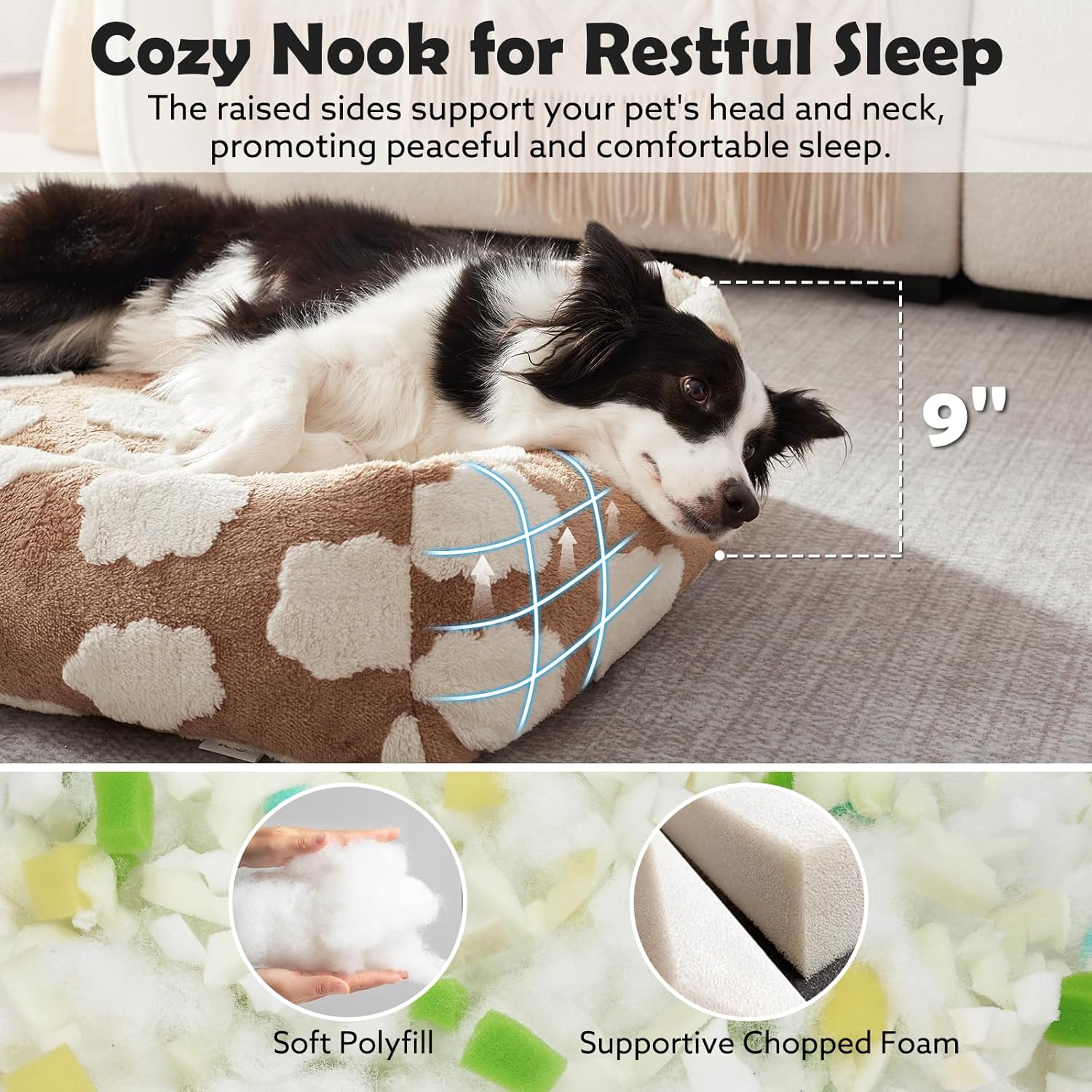 Small Dog Bed for Small Dogs, Rectangle Washable Orthopedic Dog Bed with Removable Zipper Cover, Cute Soft Calming Puppy Pet Bed with Jacquard Shaggy Plush & Non Skid Bottom