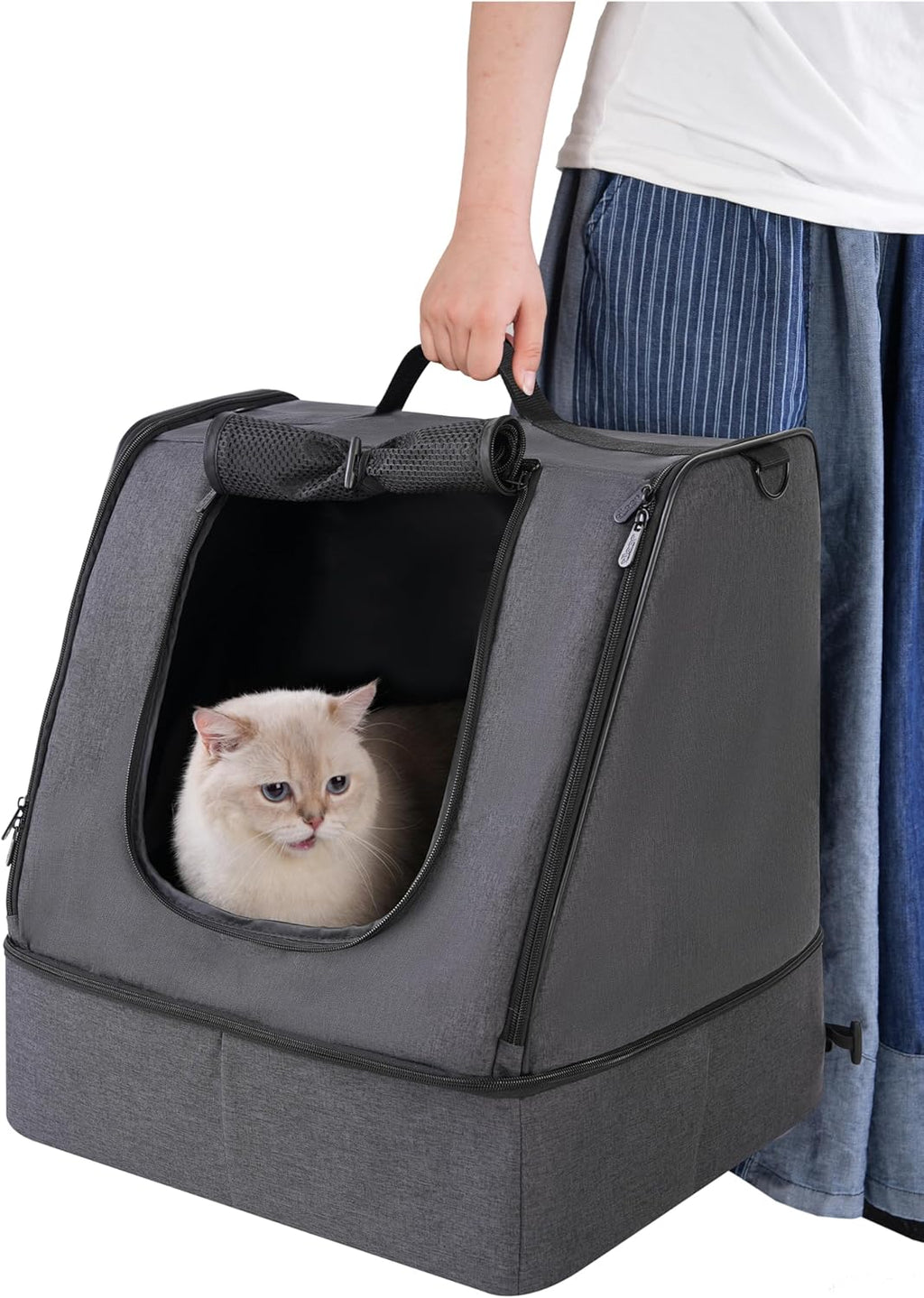 Portable Cat Travel Litter Box with Zipped Waterproof Bag,No Collapse with Hard Base Insert at Bottom, No Leakage, No Smell, Easy to Carry, Easy to Use in Hotels, Car Black