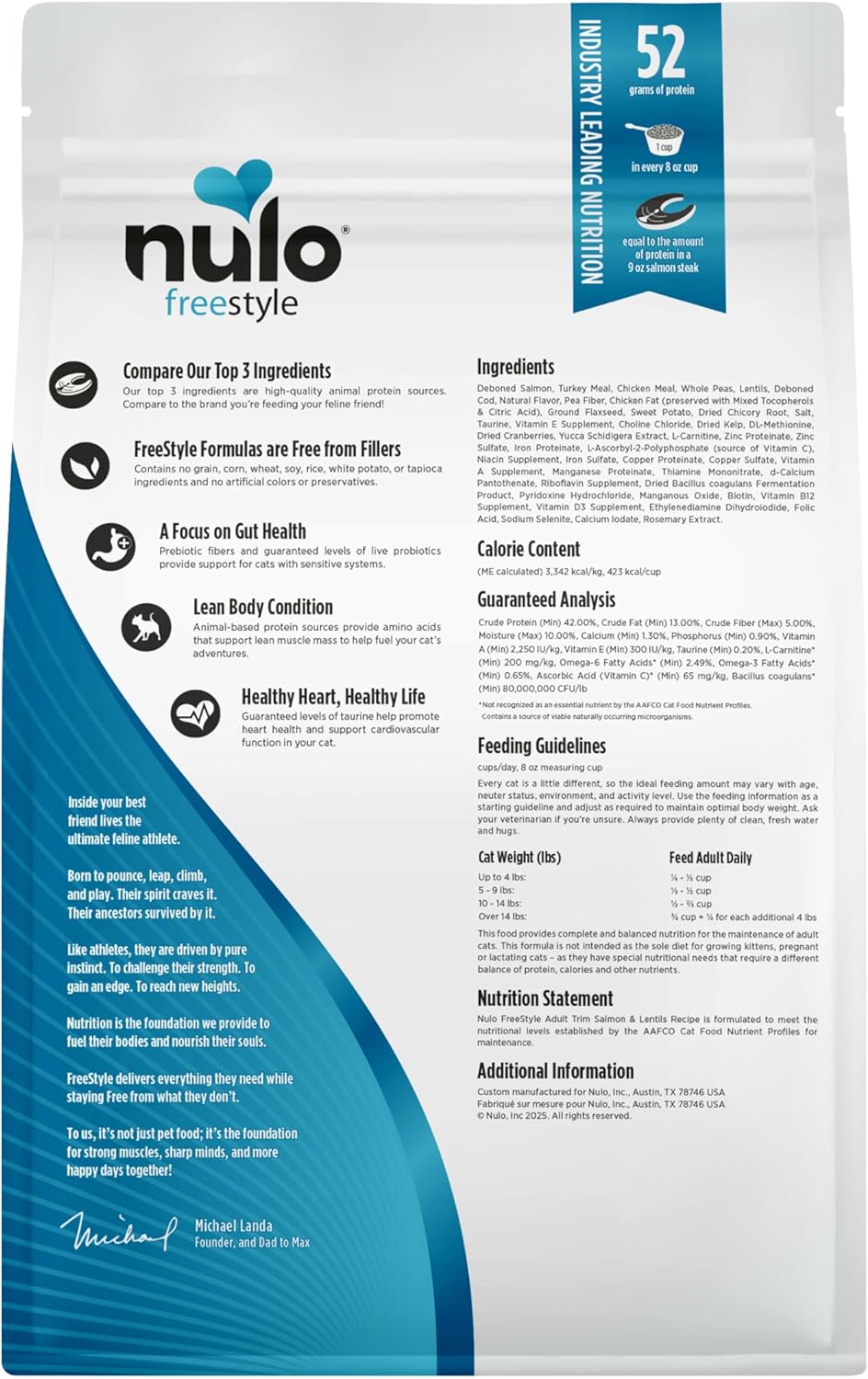 Freestyle High Protein Trim Cat Food, Salmon & Lentils Recipe - Natural Grain-Free Dry Cat Food for Weight Management with l-Carnitine, Natural Fiber, & Probiotics, 4 lb Bag