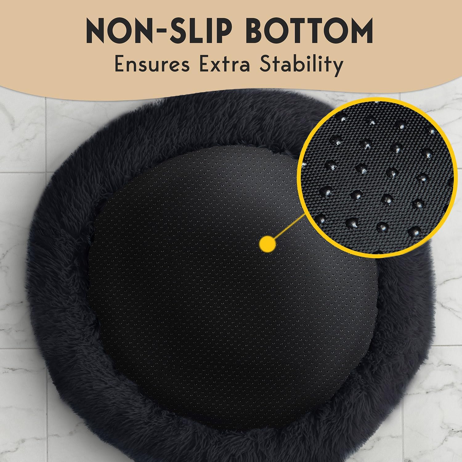 Calming Donut Dog Bed – Fluffy Faux Fur, Anti-Slip (Black)