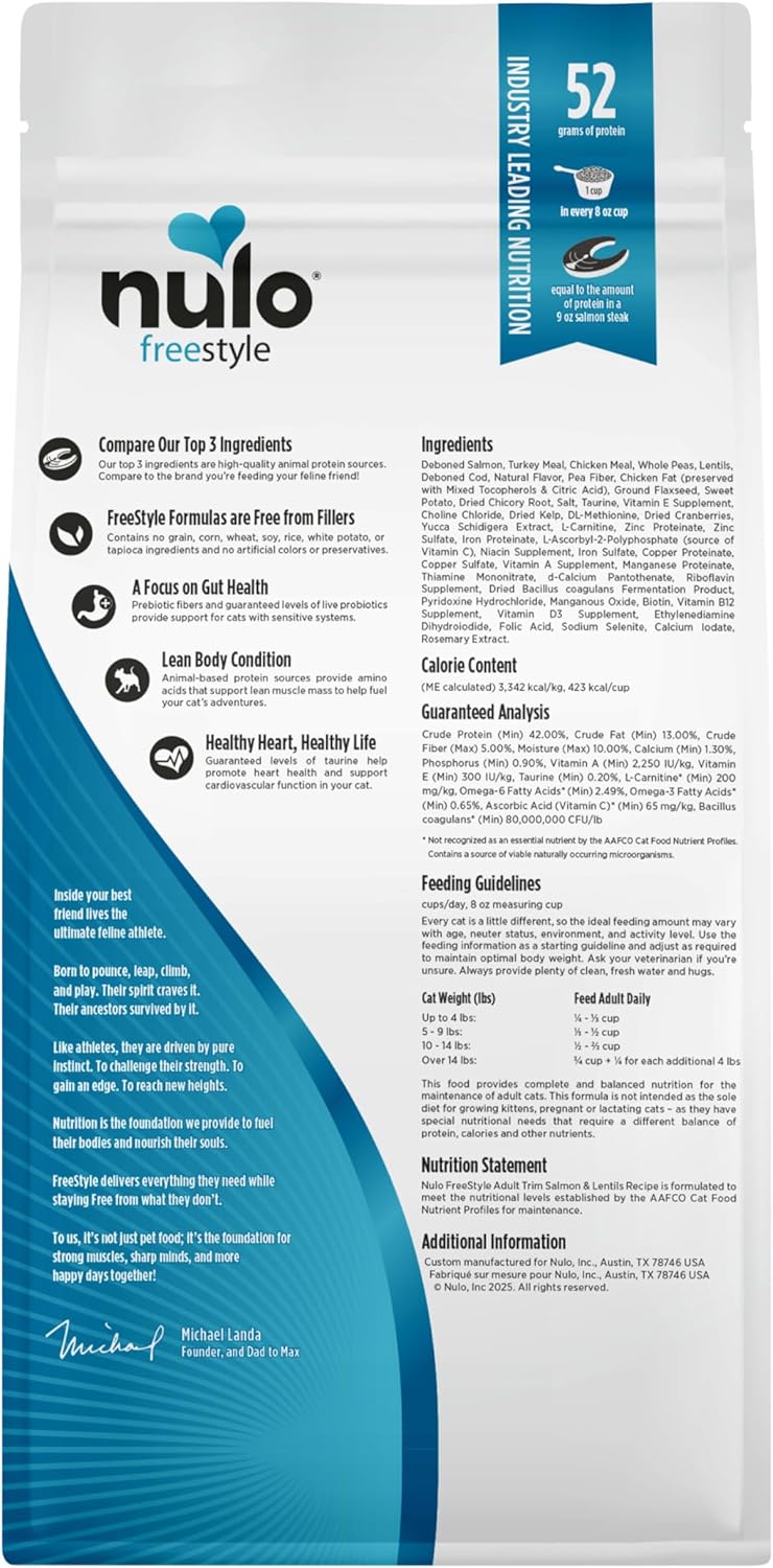 Freestyle High Protein Trim Cat Food, Salmon & Lentils Recipe - Natural Grain-Free Dry Cat Food for Weight Management with l-Carnitine, Natural Fiber, & Probiotics, 2 lb Bag