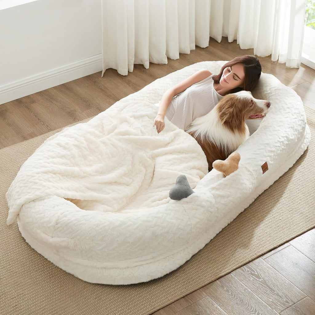Human Dog Bed for Adult - Luxury Faux Fur Giant Size Dog Bed with Portable Handle, Egg Orthopedic Foam Bed with Blanket Ivory White